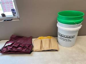 lot 2032 image: One Over Bucket Tool Bag , One Step Stool Tool Bag, and Two Buckets