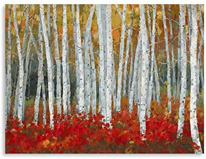 lot 46083 image: BLINGBLING Birch Tree Canvas Wall Art White Birch Trees with Yellow Leaves Red Brushwood Fall Decor with Frame (24 x 32)  (1 Panel)