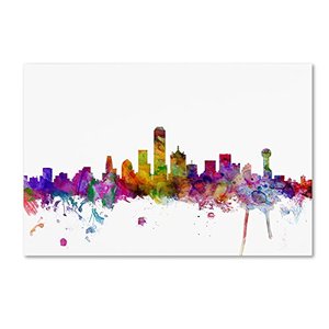 lot 49193 image: Dallas Texas Skyline by Michael Tompsett, 16x24-Inch Canvas Wall Art