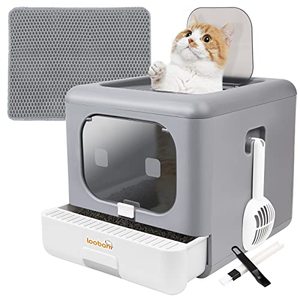 lot 49210 image: Foldable Cat Litter Box with Lid, LOOBANI Enclosed and Covered Litter Box to Prevent Smell, Anti-Splashing Kitty Potty with Scoop and Mat for Easy Clean, Large Top Entry Cat Toilet with Drawer, Grey