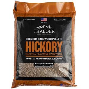 lot 49930 image: Traeger Grills Hickory 100% All-Natural Wood Pellets for Smokers and Pellet Grills, BBQ, Bake, Roast, and Grill, 20 lb. Bag