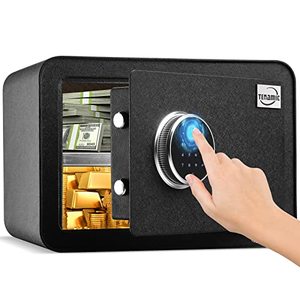 lot 49978 image: Tenamic Safe Box Luxury Biometric Fingerprint Cabinet Safe 0.85 Cubic Feet Electronic Touch Screen Keypad Security Box with Induction Light and Leather, Black