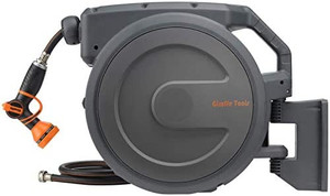 lot 49992 image: Giraffe Tools Retractable Garden Hose Reel 100ft x 12 with 9 Pattern Hose Nozzle, Wall Mounted Water Hose Reel Automatic Rewind with Any Length Lock and 180° Swivel Bracket