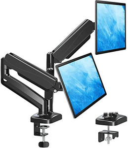 lot 51174 image: Dual Monitor Stand, Fully Adjustable Gas Spring Dual Monitor Mount, Monitor Desk Mount with C Clamp, Grommet Mounting Base, Double Monitor Arm for 2 Computer Screen up to 32 Inch, MU0005