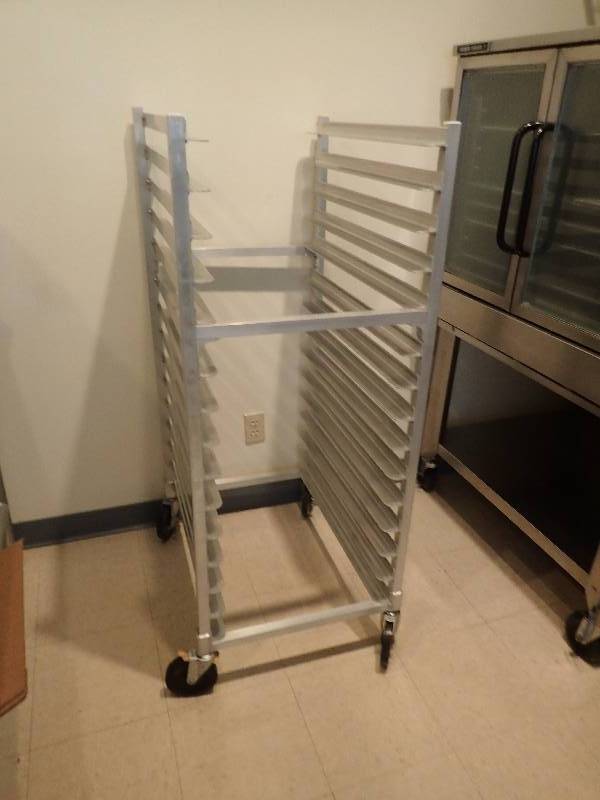 lot 1956 image: Aluminum Full Sized Sheet Pan Rack On Castors