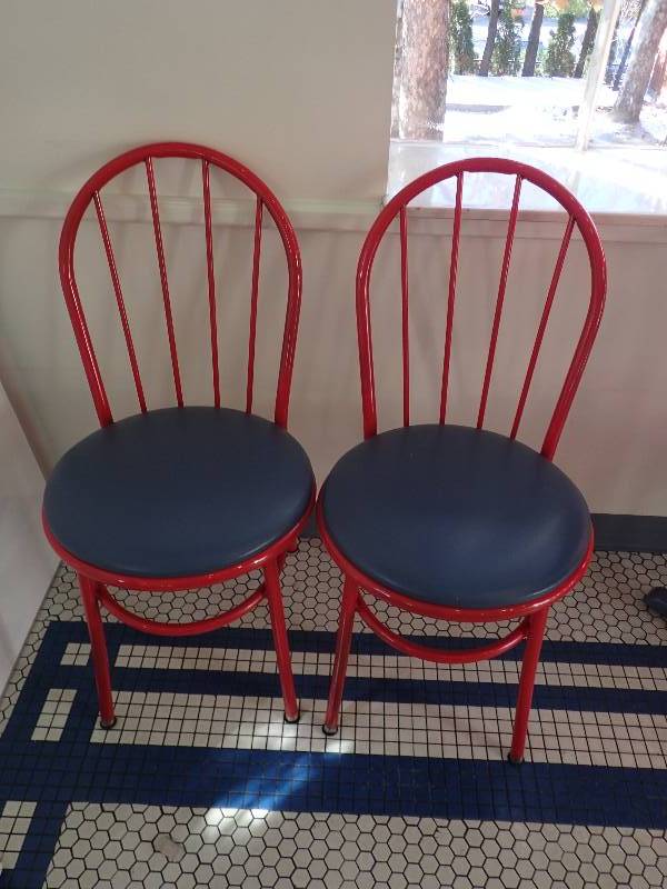 lot 1928 image: (2) Red Framed Blue Padded Seating Chairs