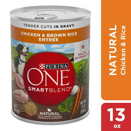 lot 75056 image: Purina ONE Natural High Protein Gravy Wet Dog Food SmartBlend Tender Cuts Chicken & Brown Rice 13 oz. Can (12 Pack)