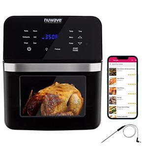lot 74454 image: NUWAVE Brio Air Fryer Smart Oven, 15.5-Qt X-Large Family Size, Countertop Convection Rotisserie Grill Combo, Non-Stick Drip Tray, Stainless Steel Rotisserie Basket.