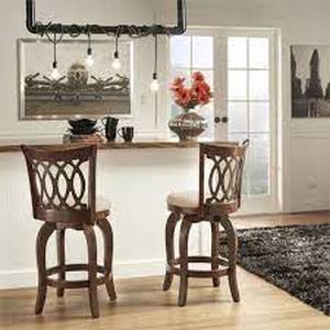 lot 74501 image: Cherry Finish Beige Linen 29 in. H Swivel Bar Height Chair (Motif Design)