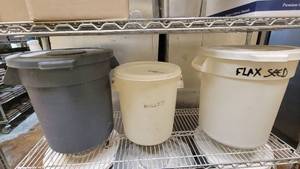 lot 10129 image: (2) Small Brute Rubbermaid TrashCans W Lids and a Large Food Storage Container