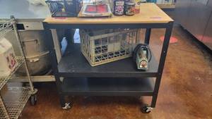 lot 10384 image: Black 3-Tier Metal Cart W a Wooden Top