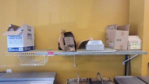 lot 10388 image: 6ft Wall-Mount White Wire Shelf W Contents