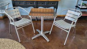 lot 10410 image: Silver Outdoor Table W 2 Aluminum Chairs