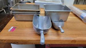 lot 10443 image: Stainless Steel Steam Table Pans and 2 Ice Scoops