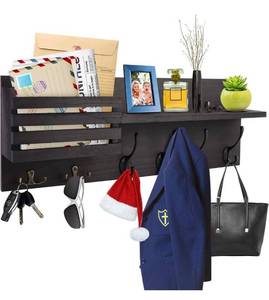 lot 4063 image: TCJJ Key Holder For Wall and Mail Shelf w2 Double Key Hooks & 4 Coat Hooks, Wall Decorative Key Rack Hangers for Entryway, Storage, Living Room, Hallway, Office (Black)