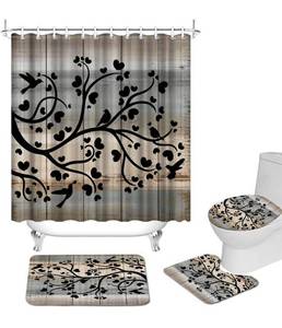 lot 4075 image: Rustic Bathroom Rugs and Mats Sets with Shower Curtain 4 Pcs Black Silhouette of Tree Heart and Bird Artwork Curtain for Farmhouse Bathroom Fabric Bathroom Decor Set with Hooks