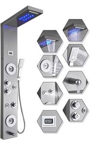 lot 4087 image: ELLO&ALLO Stainless Steel Shower Panel Tower System,LED Rainfall Waterfall Shower Head 6-Function Faucet Rain Massage System with Body Jets, Brushed Nickel