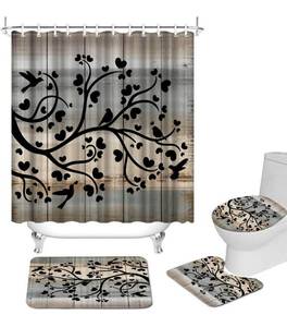 lot 4090 image: Rustic Bathroom Rugs and Mats Sets with Shower Curtain 4 Pcs Black Silhouette of Tree Heart and Bird Artwork Curtain for Farmhouse Bathroom Fabric Bathroom Decor Set with Hooks