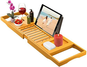 lot 31504 image: Bamboo Bathtub Tray Caddy - Expandable Bath Tray - Adjustable Organizer Tray for Bathroom - Luxury Bath Caddy Tub Table, Bathtub Accessories & Bathroom Gadgets, Natural  (Stock photo wrong color)