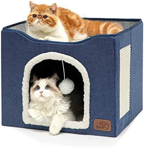 lot 31514 image: Bedsure Cat Bed for Indoor Cats -Large Cat Cave for Pet Cat House with Fluffy Ball Hanging and Scratch Pad, Foldable Cat Hideaway, Grey   (16.5 x 16.5 x 14)