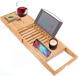 lot 31537 image: Bamboo Bathtub Caddy Tray - Adjustable Natural Wood Bath Tub Organizer with Wine Holder, Cup Placement, Soap Dish, Book Space & Phone Slot for Spa, Bathroom & Shower - SereneLife SLBCAD20
