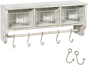 lot 31538 image: Rustic Coat Rack Wall Mounted Shelf with Hooks & Baskets, Entryway Organizer Wall Shelf, Solid Wooden Shelf with Hooks - Hang Coats, Keys or Coffee Mugs, Whitewashed   (24 Inch)