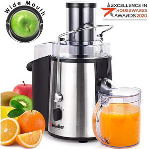 lot 47845 image: Mueller Austria Juicer Ultra 1100W Power, Easy Clean Extractor Press Centrifugal Juicing Machine, Wide 3 Feed Chute for Whole Fruit Vegetable, Anti-drip, High Quality, BPA-Free, Large, Silver
