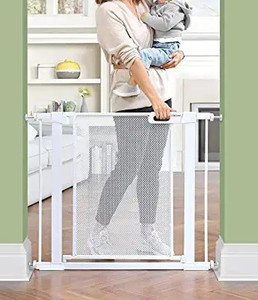 lot 47846 image: OhGeni Baby Gate for Stairs, Extra Wide 37.8-Inch Mesh Dog Gate for Doorways Hallway, Pressure Mounted Easy Walk Through Safety Child Gate for Kids Toddler, Adjustable Tall Pet Puppy Fence Gate, Metal