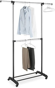 lot 47852 image: Adjustable 2-Rod Garment Rack Rolling Clothes Organizer, Black and Chrome