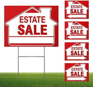 lot 47858 image: Estate Sale Signs Set,18 x 14 Inch Estate Sale Yard Signs with Double Sided, Estate Sale Arrows Signs with Metal H Stakes, Property Sale Directional Arrows Signs, WEATHER-PROOF  (5 Pack)