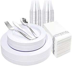 lot 49275 image: Liacere silver premium heavyweight plastic dinnerware