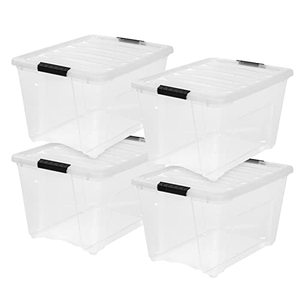 lot 49381 image: IRIS USA 53 Qt. Plastic Storage Bin Tote Organizing Container with Durable Lid and Secure Latching Buckles, Stackable and Nestable, 4 Pack, Clear with Black Buckle (Damaged -Lid Top)