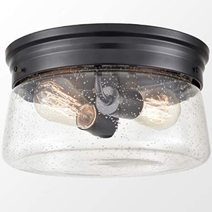 lot 50004 image: TEENYO 11-Inch Seeded Glass Flush Mount Ceiling Light Black Industrial 2-Light Ceiling Light Fixture