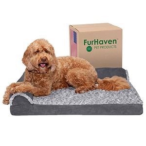 lot 50018 image: Furhaven Pet Bed for Dogs and Cats - Two-Tone Faux Fur and Suede L-Shaped Chaise Egg Crate Orthopedic Dog Bed, Removable Machine Washable Cover, Large, Stone Gray