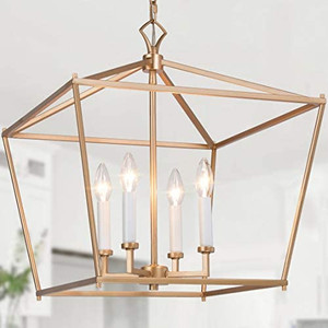 lot 50029 image: Gold Chandelier, Lantern Pendant Light Fixtures, Foyer Chandelier, Gold  (17.5 L x 17.5 W x 20 H)