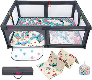 lot 50048 image: EIH Baby Playpen, Extra Large Playpen for Toddlers with Crawling Mat & 50PCS Ocean Balls, Portable Playpen for Babies, Indoor & Outdoor Kids Activity Play Yard with Gate, Gark Grey  (79in x 59in)
