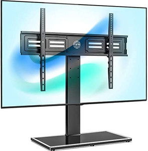 lot 50049 image: FITUEYES Universal TV StandBase Swivel Tabletop TV Stand with Mount for 50 to 85 inch Flat Screen TV 100 Degree Swivel, 4 Level Height Adjustable, Tempered Glass Base, Holds up to 143lbs Screens