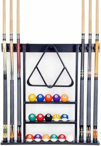 lot 50052 image: Iszy Billiards Pool Cue Rack - Billiard Stick Holder Only - 100% Wood Wall Mount Holds 6 Cues and a Full Set of Balls - Pool Accessories