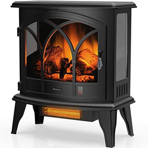 lot 50066 image: TURBRO Suburbs TS23-C Electric Fireplace Infrared Heater with Curved Door- Freestanding Fireplace Stove with Adjustable Flame Effects, Overheating Protection, Timer, Remote Control - 23 1400W, Black   (Retails $169)