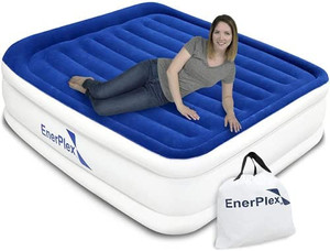 lot 50077 image: EnerPlex Queen Air Mattress with Built in Pump - 15 Luxury Size Self-Inflating Blow Up Mattress with Neck Support - Inflatable Air Bed for Portable Travel & Home Use, Blue and White