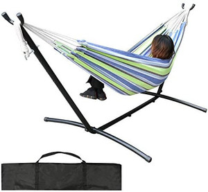lot 50105 image: Double Hammock with Space Saving Steel Stand (450 lb Capacity - Premium Carry Bag Included) - for Indoor and Outdoor, Blue and Green Stripes)