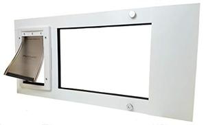 lot 50319 image: Vertical Window Cat Door Insert with Vinyl Flap  Great for Cats  Cat Door for Sash Windows  Easy Entry and Exit Control  Lockable, Energy Efficient, Low Cost