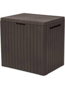 lot 10400 image: Keter City 30 Gallon Resin Deck Box for Patio Furniture, Pool Accessories, and Storage for Outdoor Toys, Brown