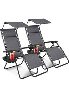lot 10402 image: KEPLIN Zero Gravity Chairs Set of 2 with Canopy - Made of Textoline I Heavy Duty Lounger for Garden I Patio Sun Loungers I Folding Reclining Chairs (Grey with Canopy)