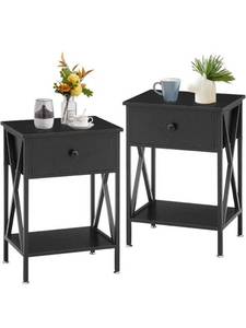 lot 10419 image: VECELO Modern Versatile Nightstands X-Design Side End Table Night Stand Storage Shelf with Bin Drawer for Living Room Bedroom, Set of 2 (Black)