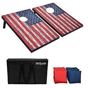 lot 20010 image: GoSports American Flag Cornhole Set with Wood Plank Design - Includes Two 3 x 2 Boards, 8 Bean Bags, Carrying Case and Game Rules (B079J9STKX)