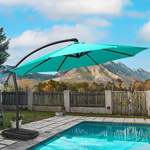 lot 20030 image: RUNBOW Cantilever Patio Umbrellas, 10FT Patio Umbrella 5 Layer Waterproof Oxford Durable Aluminum Offset Outdoor Patio Umbrella for Outside Porch Pool Market Garden (Sky Blue)