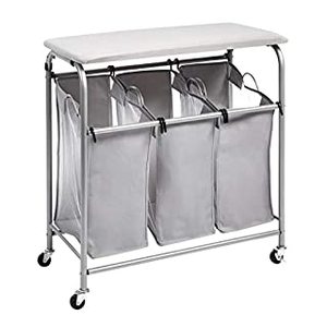 lot 30321 image: 3-Bag Laundry Sorter with Ironing Board Top, Grey (B0825JM22Z)