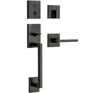 lot 30326 image: Kwikset 98180-001 San Clemente Single Cylinder Low Profile Handleset Front Door Lock with Halifax Lever featuring SmartKey Security in Venetian Bronze