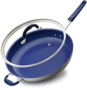lot 30338 image: 14 Fry Pan With Lid - Extra Large Skillet Nonstick Frying Pan with Silicone Handle, Ceramic Coating, Blue Silicone Handle, Stain-Resistant And Easy To Clean, Professional Home Cookware